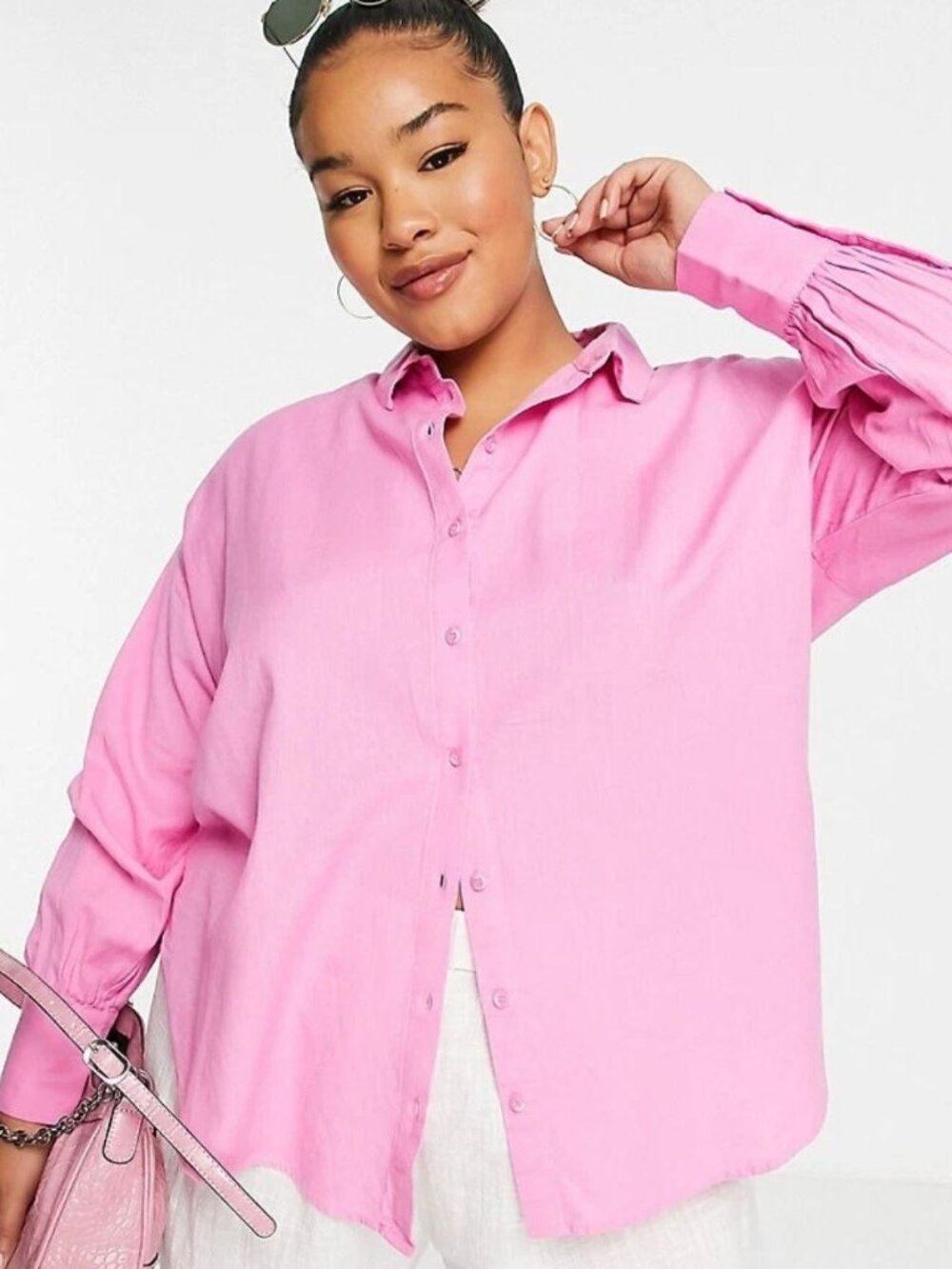 VILA Curve Pink Linen Touch Oversized Button Up Shirt Women’s US 16 EU 48